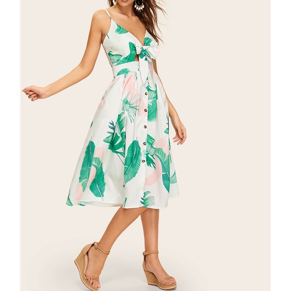 White Leaf Print Cut Out Button Down Midi Dress - Picture 3 of 6